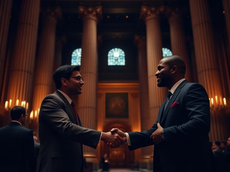 Two attendees meeting at the conference venue
